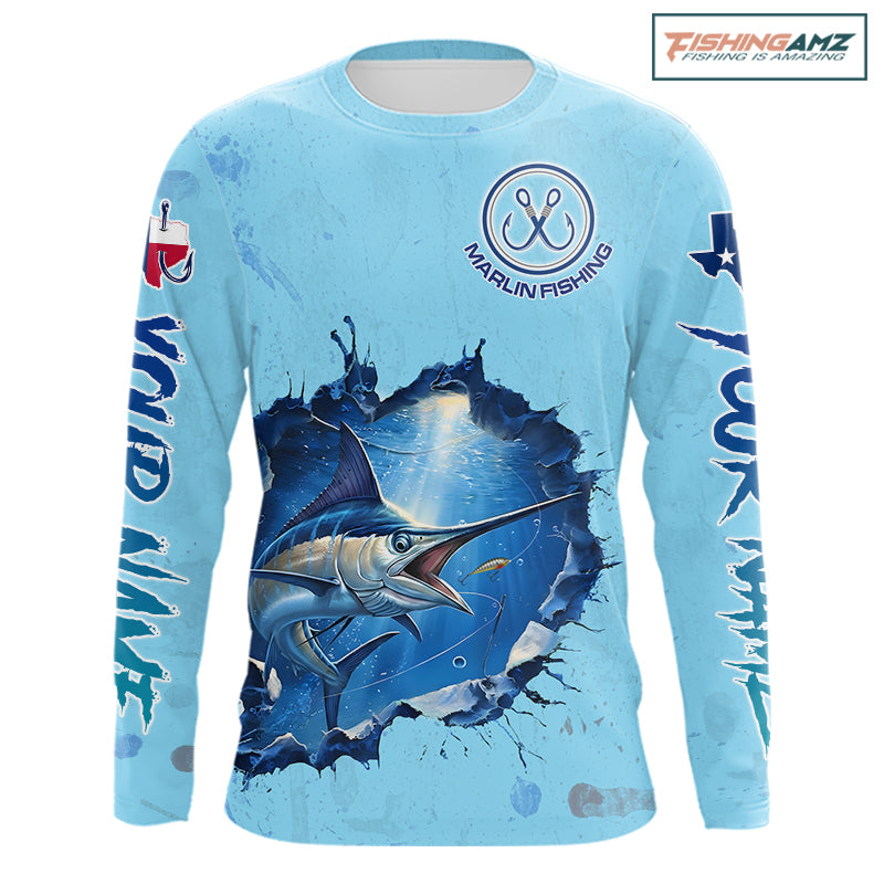 Custom Marlin Fishing Long Sleeve Tournament Shirts, Marlin Saltwater Fishing Apparel | Blue NBT688