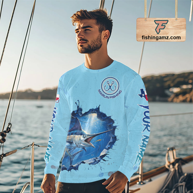 Custom Marlin Fishing Long Sleeve Tournament Shirts, Marlin Saltwater Fishing Apparel | Blue NBT688