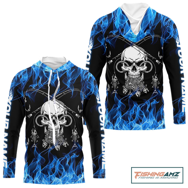 Fish Reaper Fishing Skull Fire Flame Long Sleeve Hooded Tournament Fishing Shirts, Skull Fishing Jerseys NBT692
