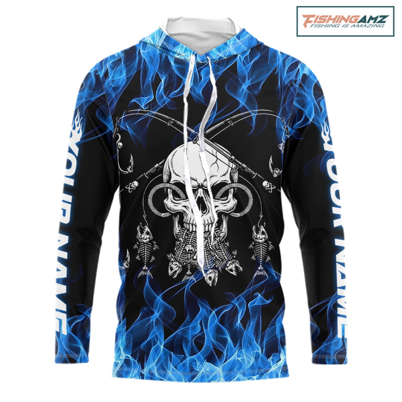 Fish Reaper Fishing Skull Fire Flame Long Sleeve Hooded Tournament Fishing Shirts, Skull Fishing Jerseys NBT692