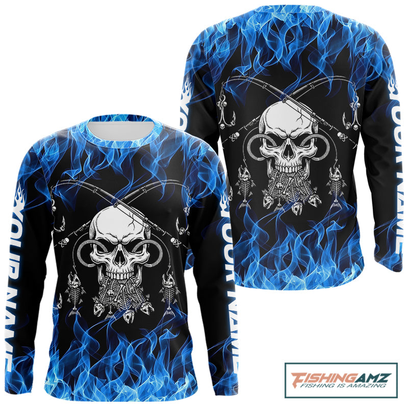Fish Reaper Fishing Skull Fire Flame Long Sleeve Tournament Fishing Shirts, Skull Fishing Jerseys NBT692