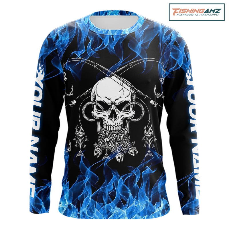 Fish Reaper Fishing Skull Fire Flame Long Sleeve Tournament Fishing Shirts, Skull Fishing Jerseys NBT692