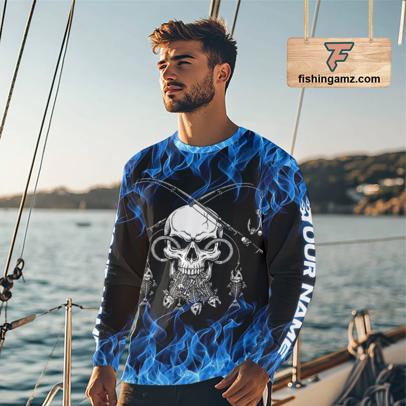 Fish Reaper Fishing Skull Fire Flame Long Sleeve Tournament Fishing Shirts, Skull Fishing Jerseys NBT692