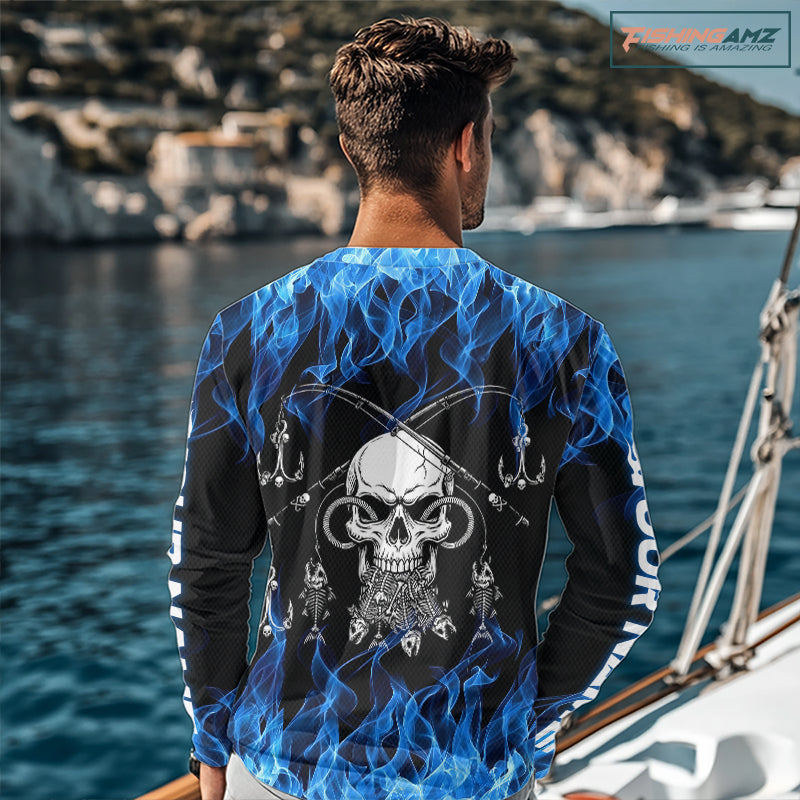 Fish Reaper Fishing Skull Fire Flame Long Sleeve Tournament Fishing Shirts, Skull Fishing Jerseys NBT692