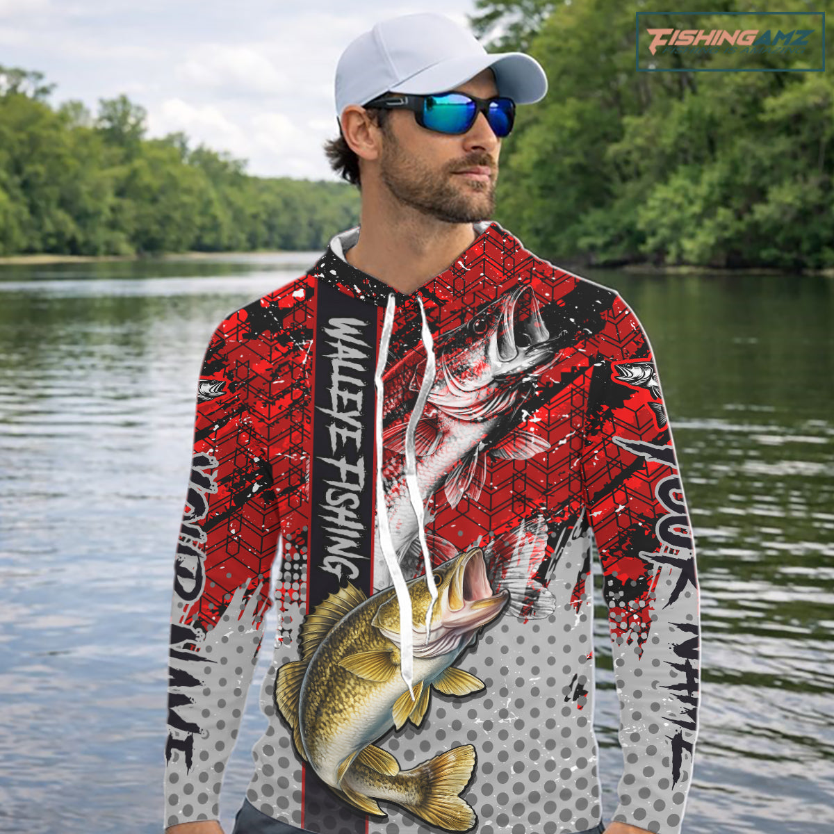 Red Camo Custom Walleye Hooded Fishing Shirts For Men, Walleye Fishing Team Shirts NBT441