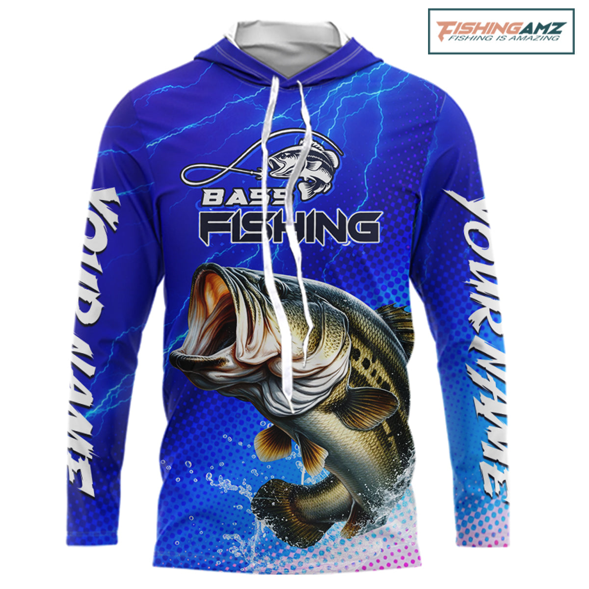 Blue Camo Bass Long Sleeve Fishing Shirts Thunder Light, Custom Name Bass Fishing Shirts NBT455