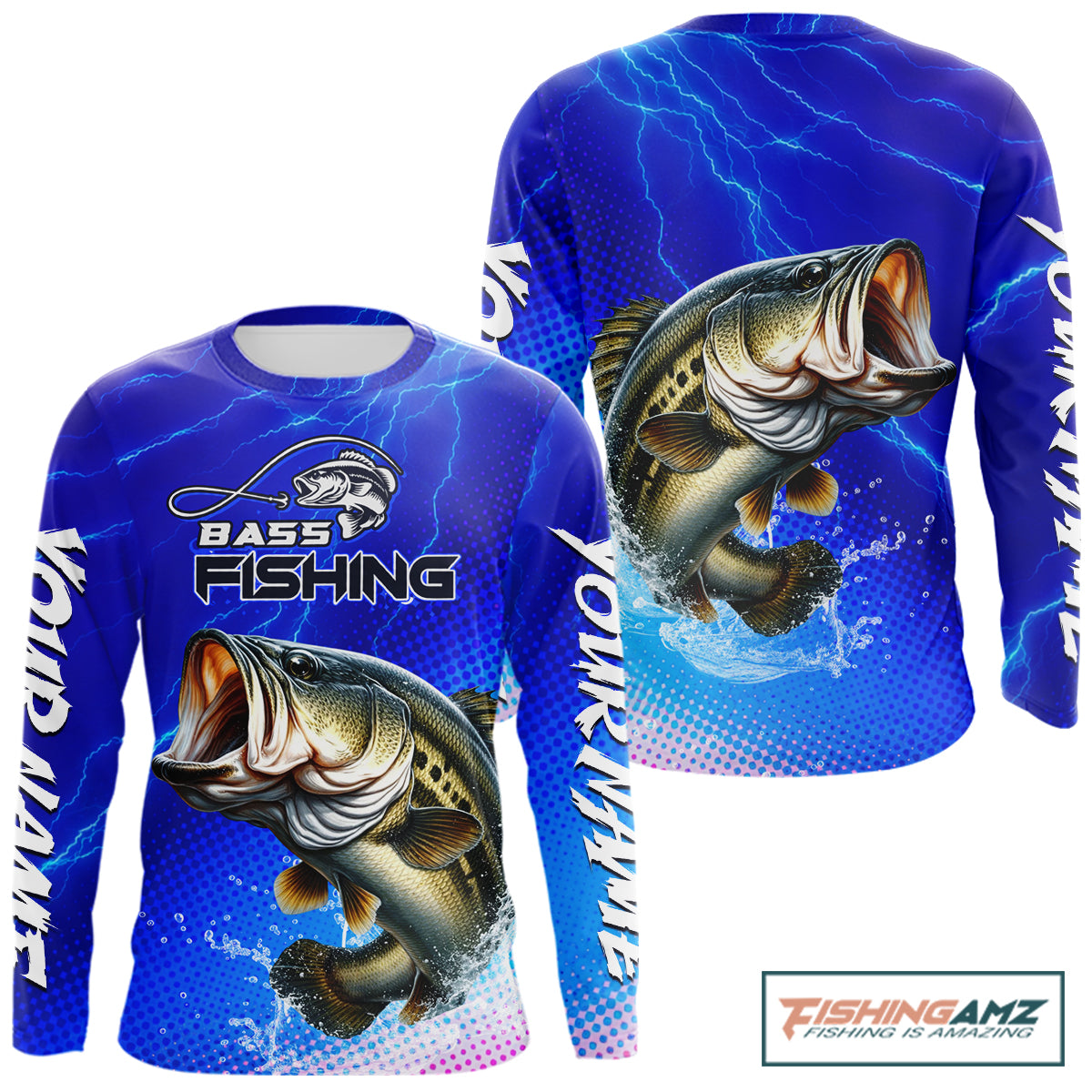 Blue Camo Bass Fishing Shirts Long Sleeve Thunder Light, Custom Name Bass Fishing Shirts NBT455