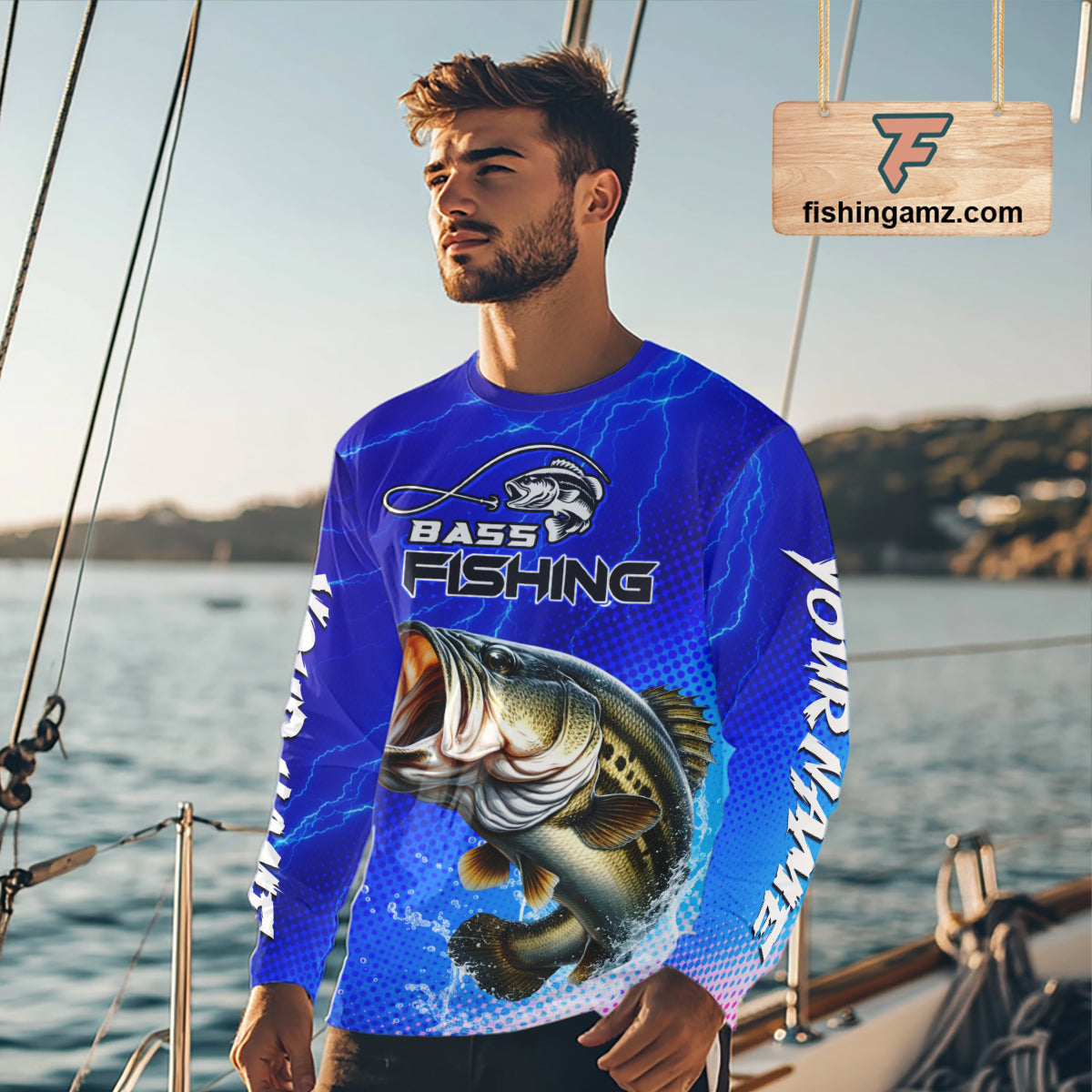 Blue Camo Bass Fishing Shirts Long Sleeve Thunder Light, Custom Name Bass Fishing Shirts NBT455