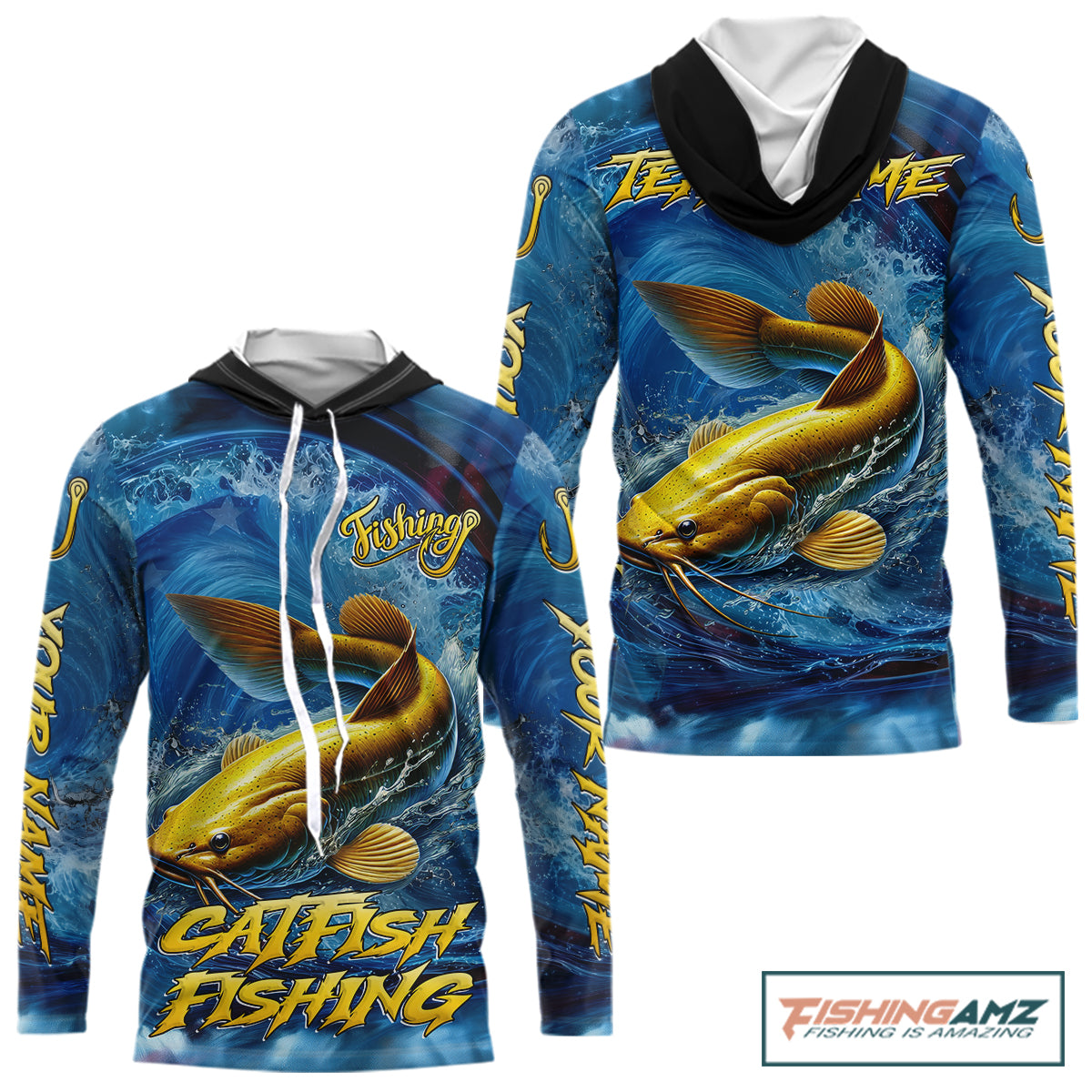 Blue Camo Catfish Fishing Custom Performance Long Sleeve Hooded Fishing Shirts Catfish Fishing Team Shirts NBT1035