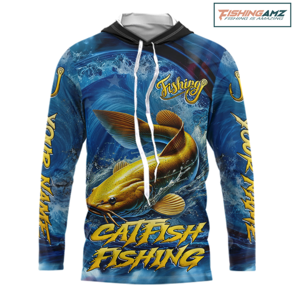 Blue Camo Catfish Fishing Custom Performance Long Sleeve Hooded Fishing Shirts Catfish Fishing Team Shirts NBT1035