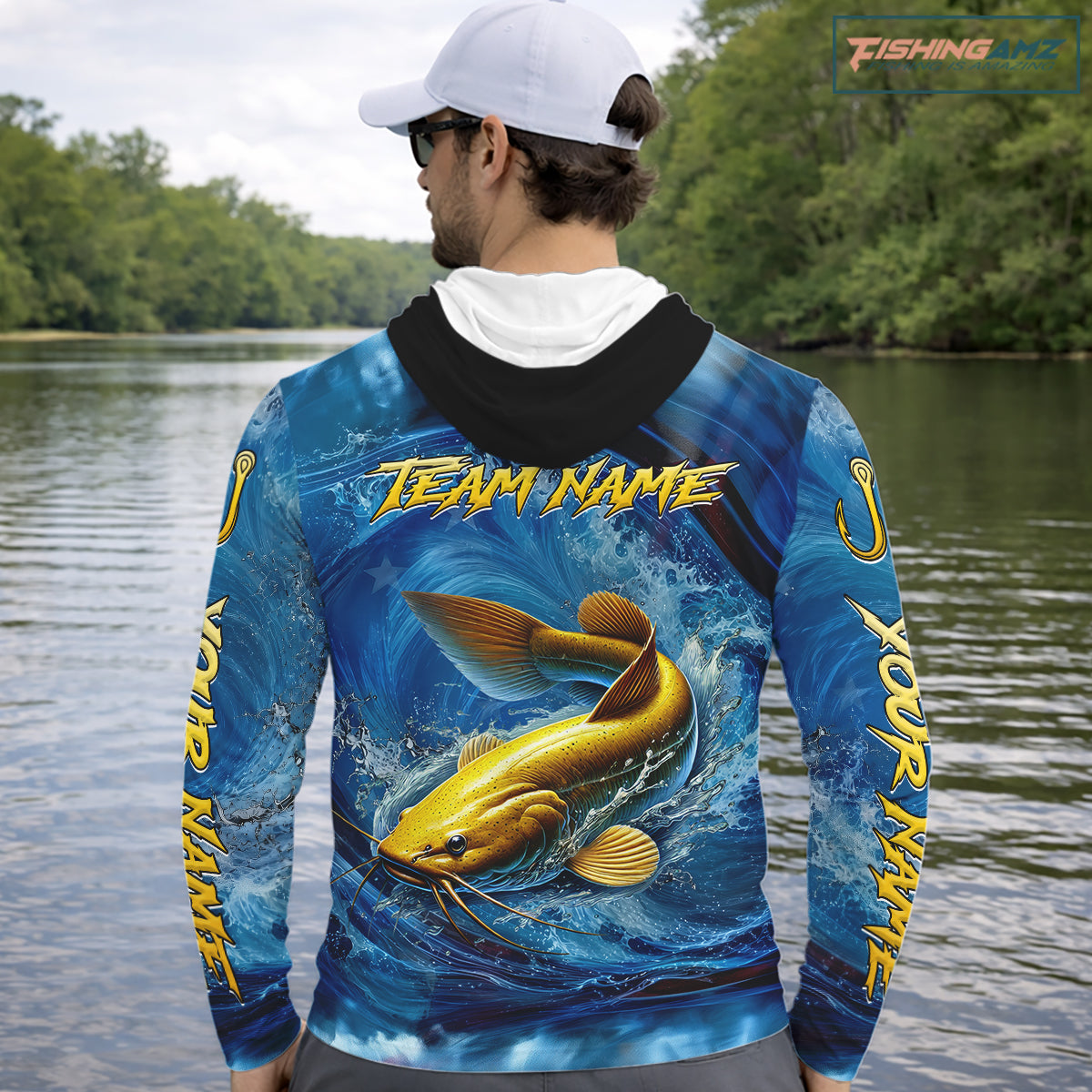 Blue Camo Catfish Fishing Custom Performance Long Sleeve Hooded Fishing Shirts Catfish Fishing Team Shirts NBT1035