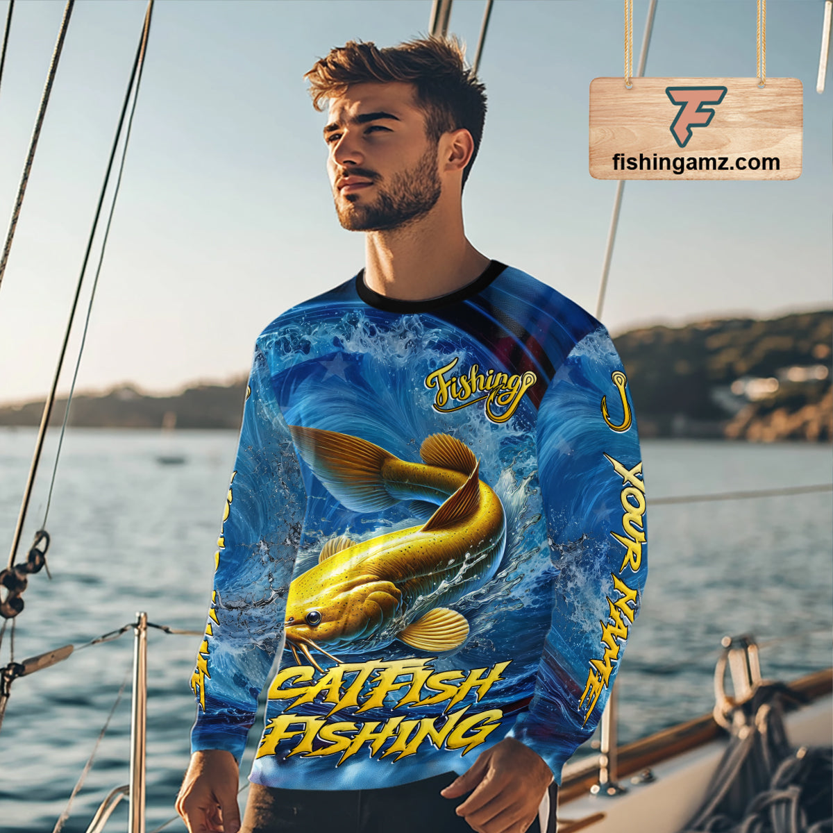 Blue Camo Catfish Fishing Custom Performance Long Sleeve Fishing Shirts Catfish Fishing Team Shirts NBT1035