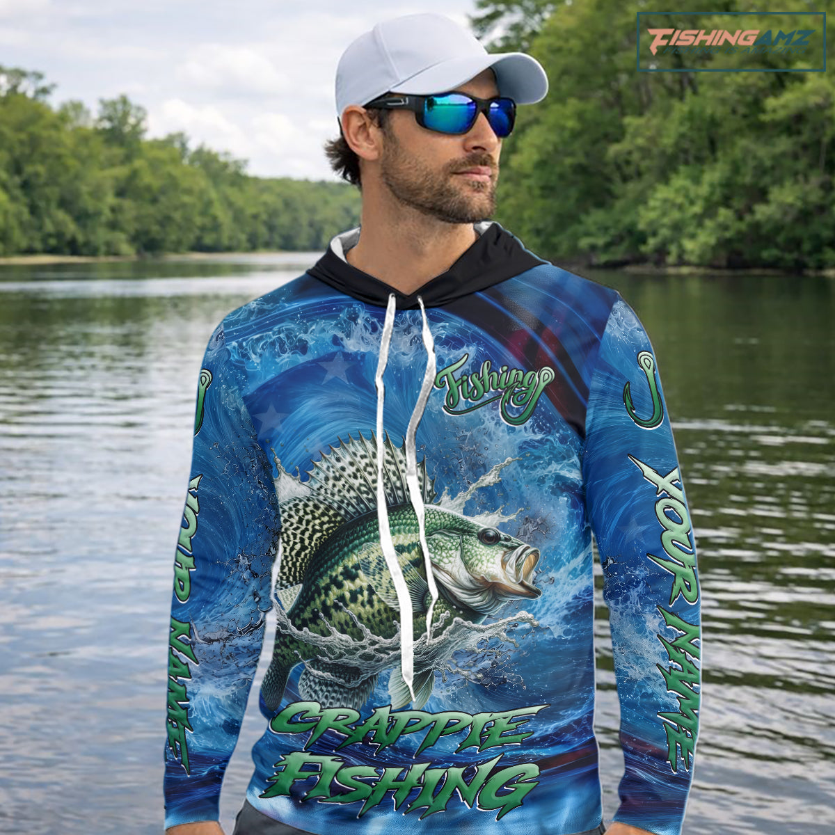 Blue Camo Crappie Fishing Custom Performance Long Sleeve Hooded Fishing Shirts Crappie Fishing Team Shirts NBT1036