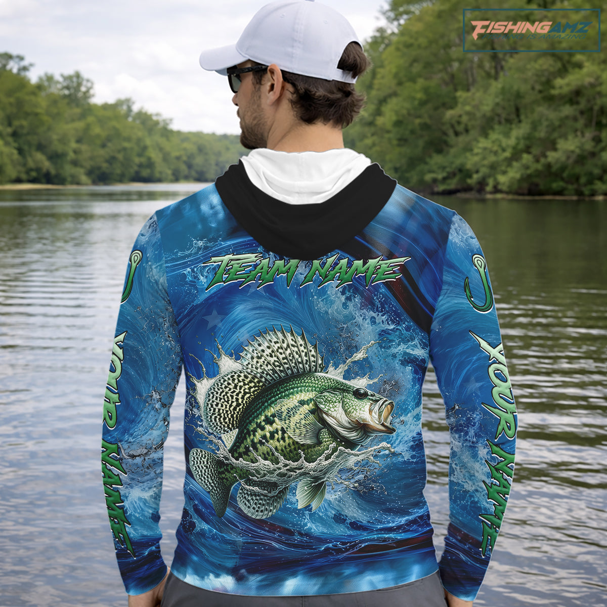 Blue Camo Crappie Fishing Custom Performance Long Sleeve Hooded Fishing Shirts Crappie Fishing Team Shirts NBT1036