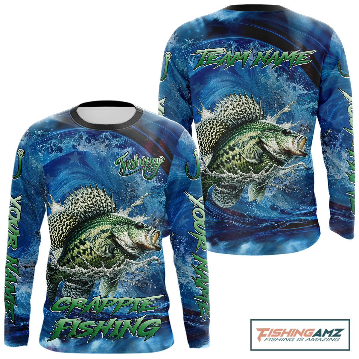 Blue Camo Crappie Fishing Custom Performance Long Sleeve Fishing Shirts Crappie Fishing Team Shirts NBT1036