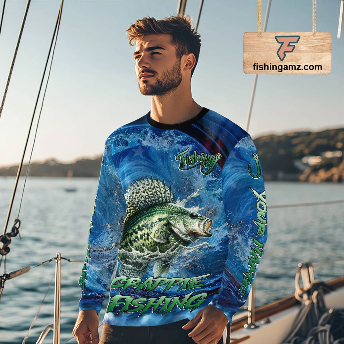 Blue Camo Crappie Fishing Custom Performance Long Sleeve Fishing Shirts Crappie Fishing Team Shirts NBT1036