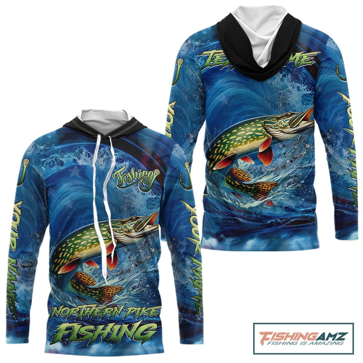 Blue Camo Northern Pike Fishing Custom Performance Long Sleeve Hooded Fishing Shirts Pike Fishing Team Shirts NBT1037