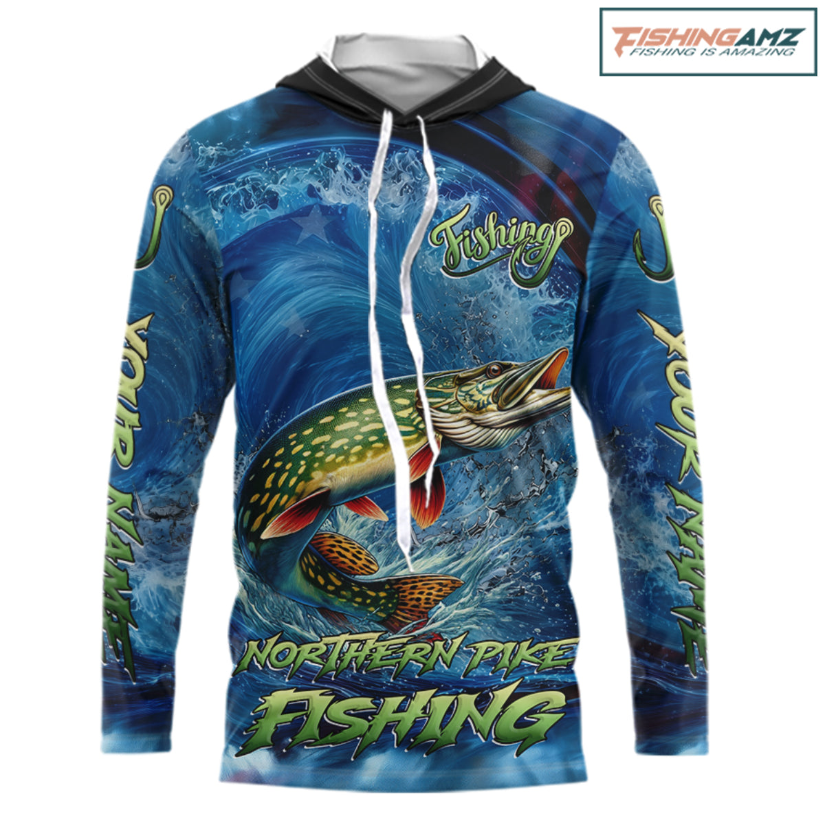 Blue Camo Northern Pike Fishing Custom Performance Long Sleeve Hooded Fishing Shirts Pike Fishing Team Shirts NBT1037