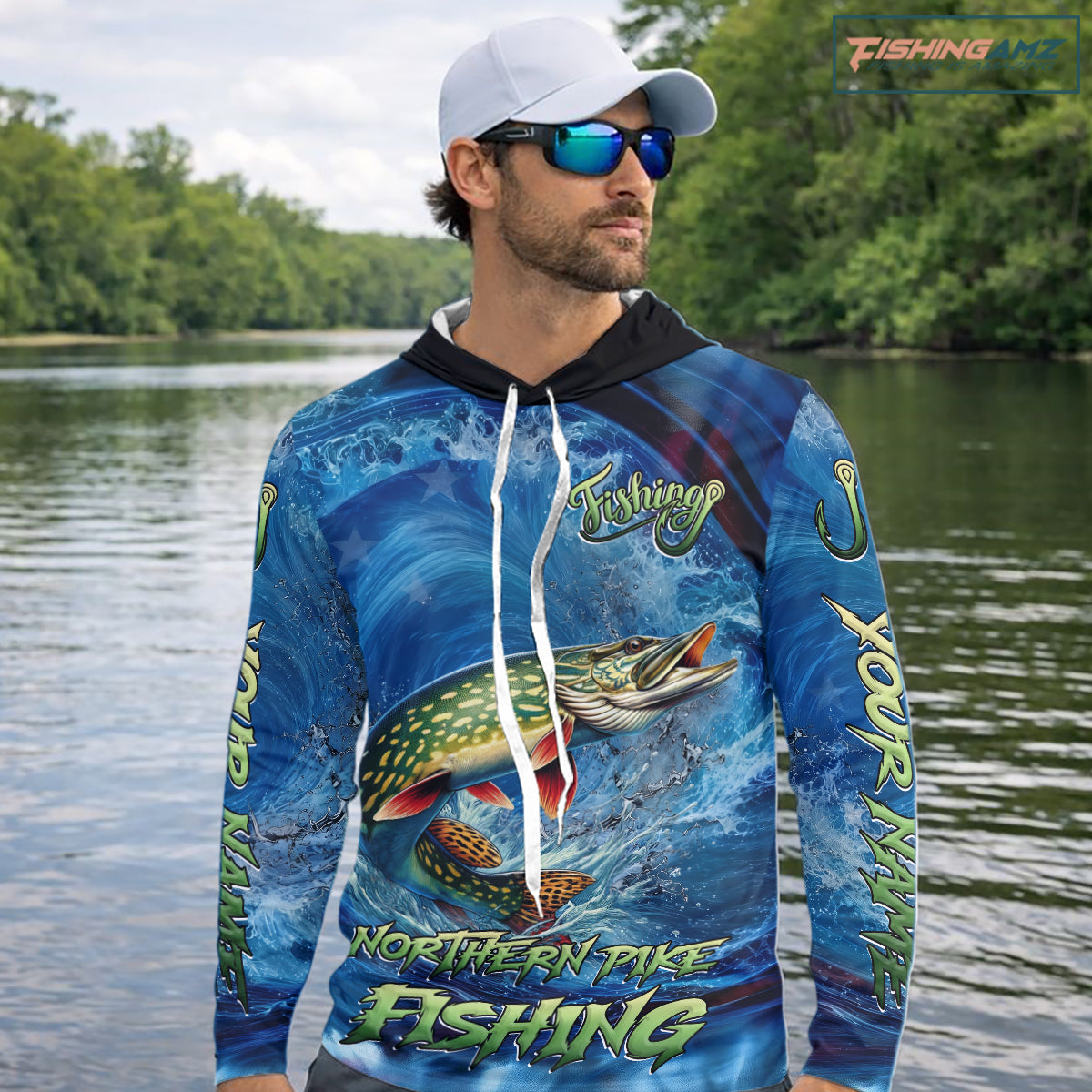 Blue Camo Northern Pike Fishing Custom Performance Long Sleeve Hooded Fishing Shirts Pike Fishing Team Shirts NBT1037