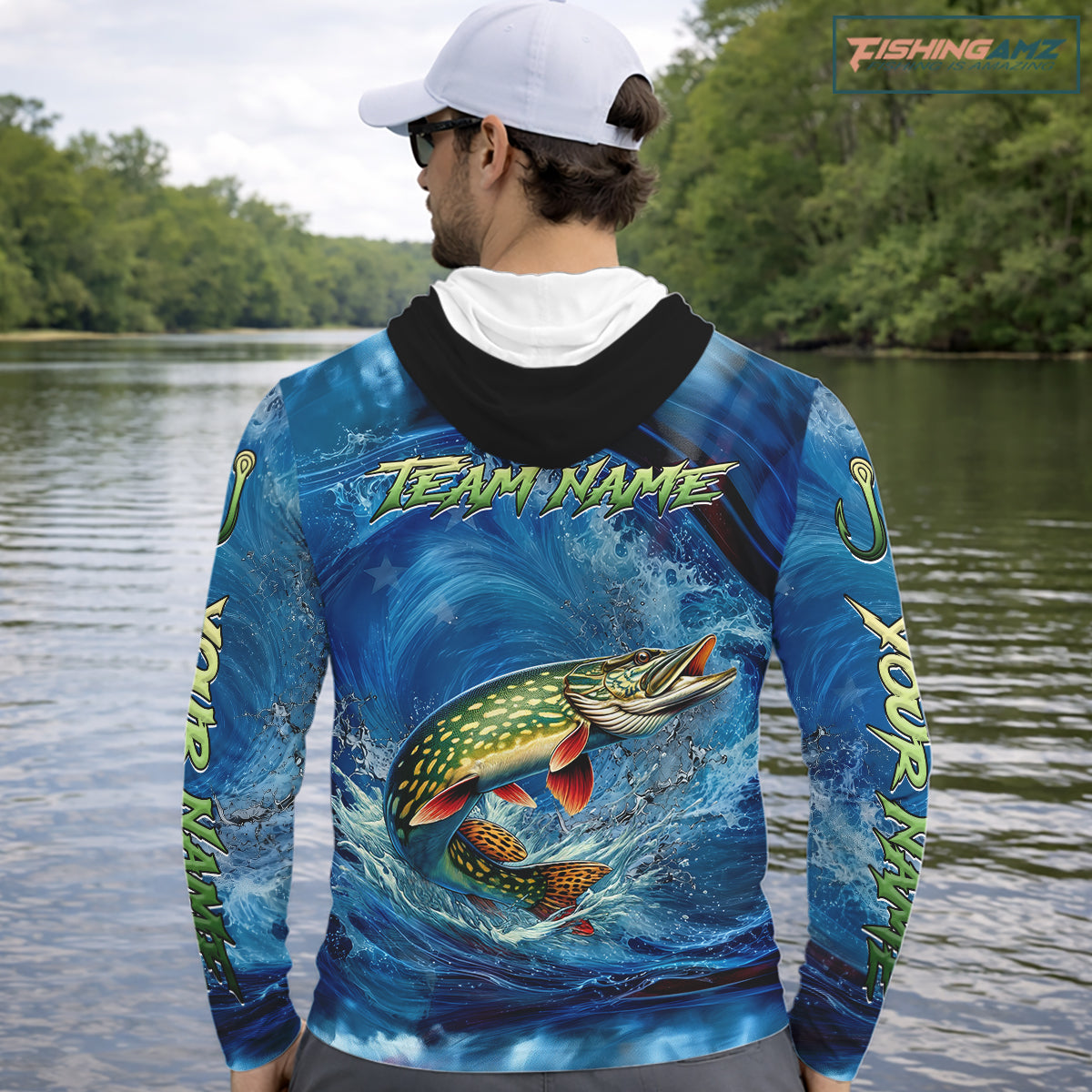 Blue Camo Northern Pike Fishing Custom Performance Long Sleeve Hooded Fishing Shirts Pike Fishing Team Shirts NBT1037