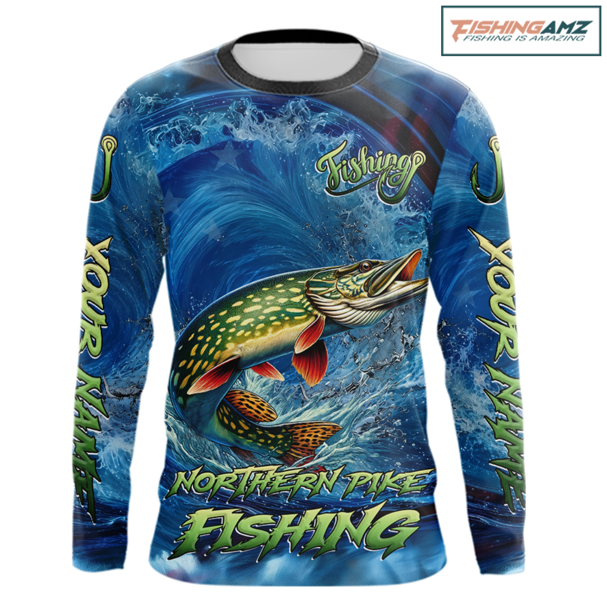 Blue Camo Northern Pike Fishing Custom Performance Long Sleeve Fishing Shirts Pike Fishing Team Shirts NBT1037