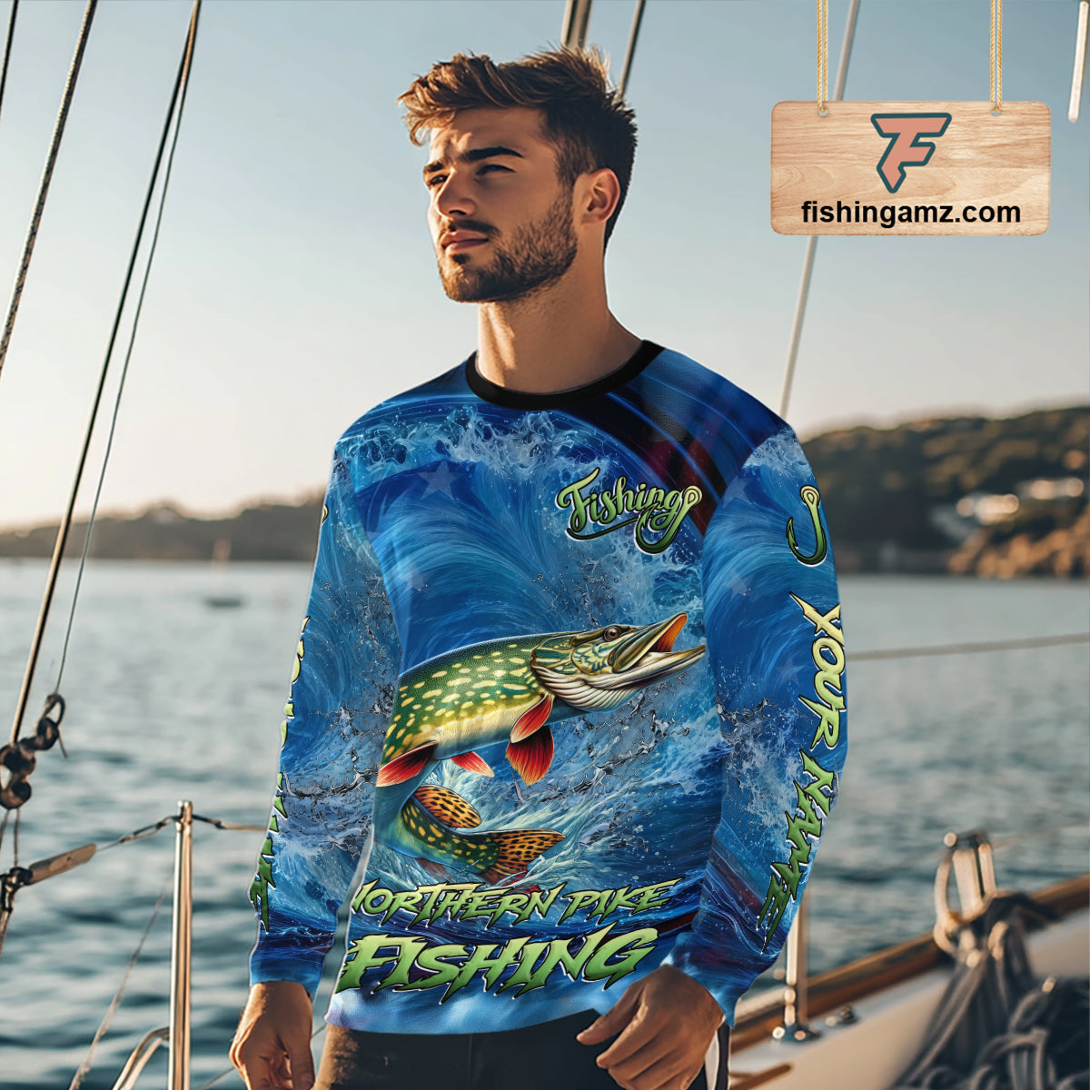 Blue Camo Northern Pike Fishing Custom Performance Long Sleeve Fishing Shirts Pike Fishing Team Shirts NBT1037