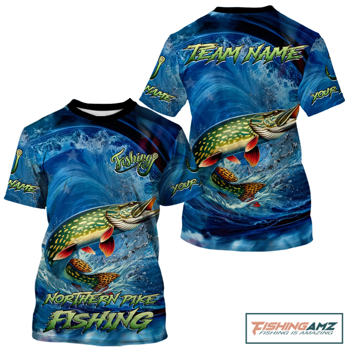 Blue Camo Northern Pike Fishing Custom Performance Fishing T-Shirts Pike Fishing Team Shirts NBT1037