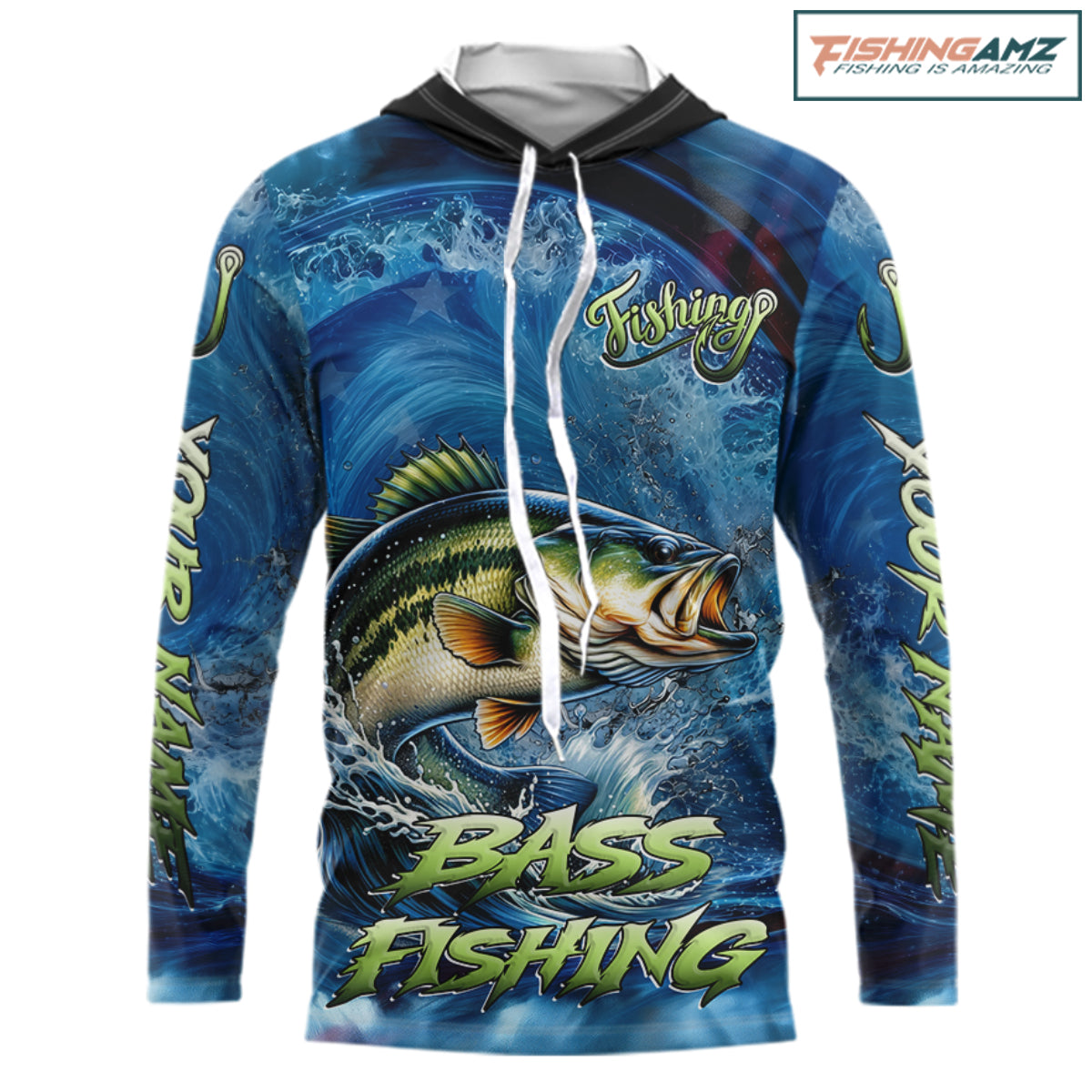 Blue Camo Bass Fishing Custom Performance Long Sleeve Hooded Fishing Shirts Bass Fishing Team Shirts NBT1038