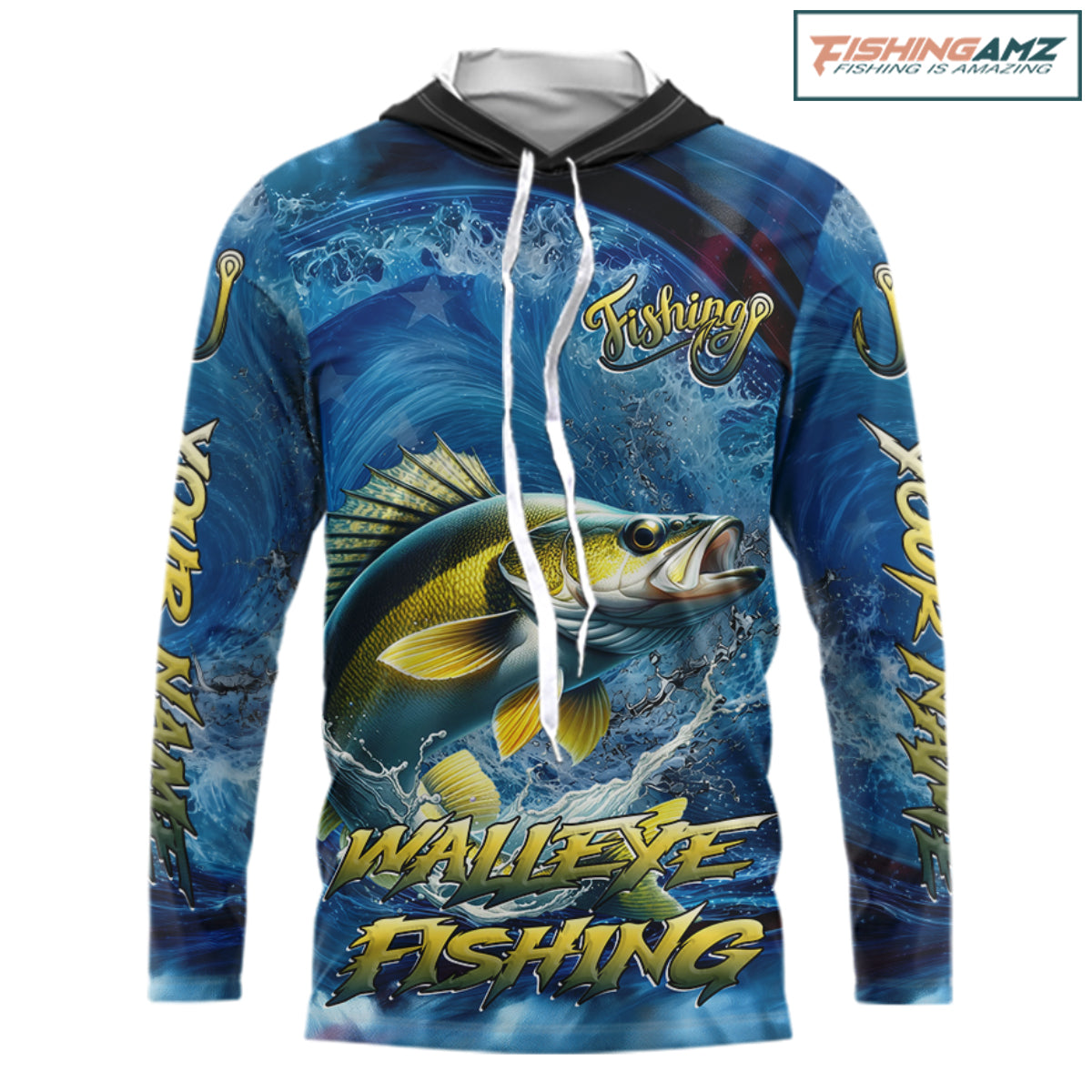 Blue Camo Walleye Fishing Custom Performance Long Sleeve Hooded Fishing Shirts Walleye Fishing Team Shirts NBT1039