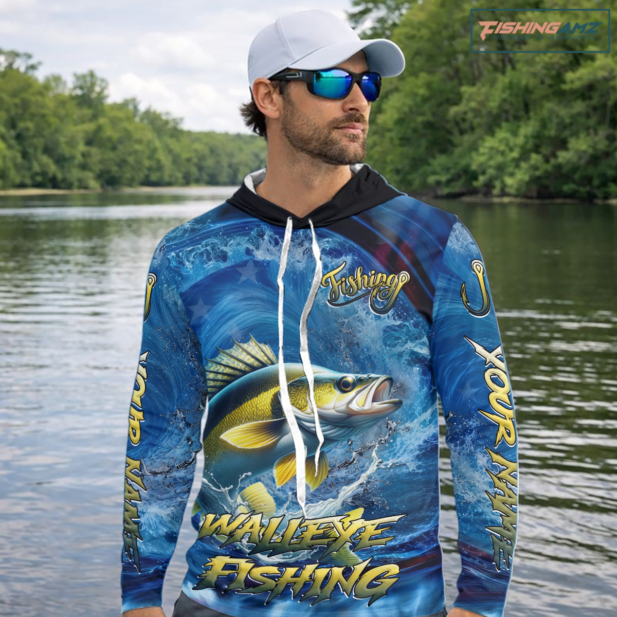 Blue Camo Walleye Fishing Custom Performance Long Sleeve Hooded Fishing Shirts Walleye Fishing Team Shirts NBT1039