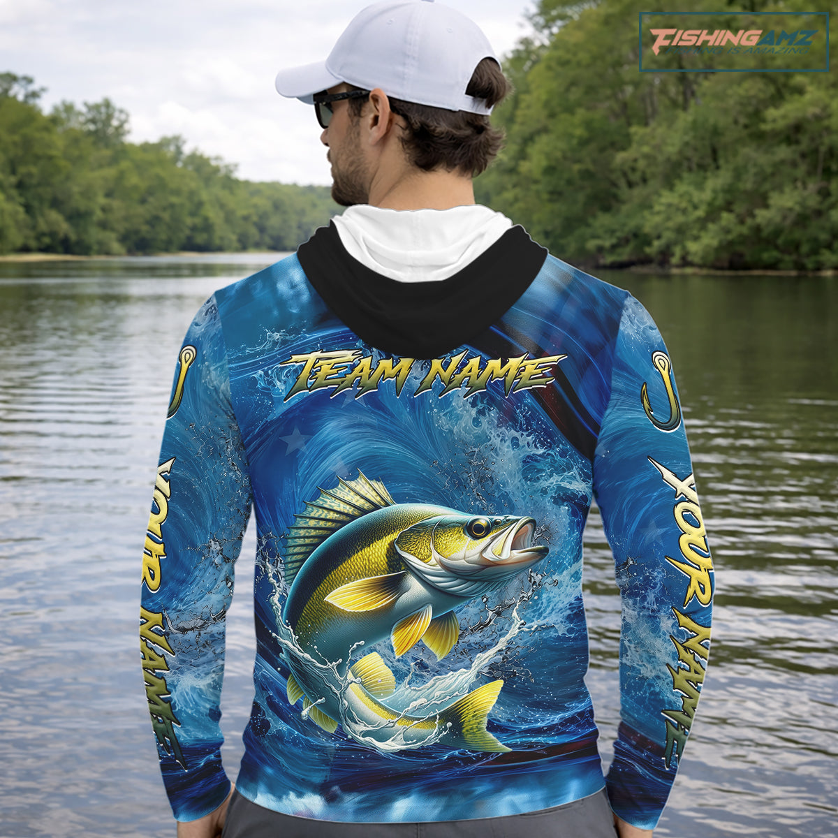 Blue Camo Walleye Fishing Custom Performance Long Sleeve Hooded Fishing Shirts Walleye Fishing Team Shirts NBT1039