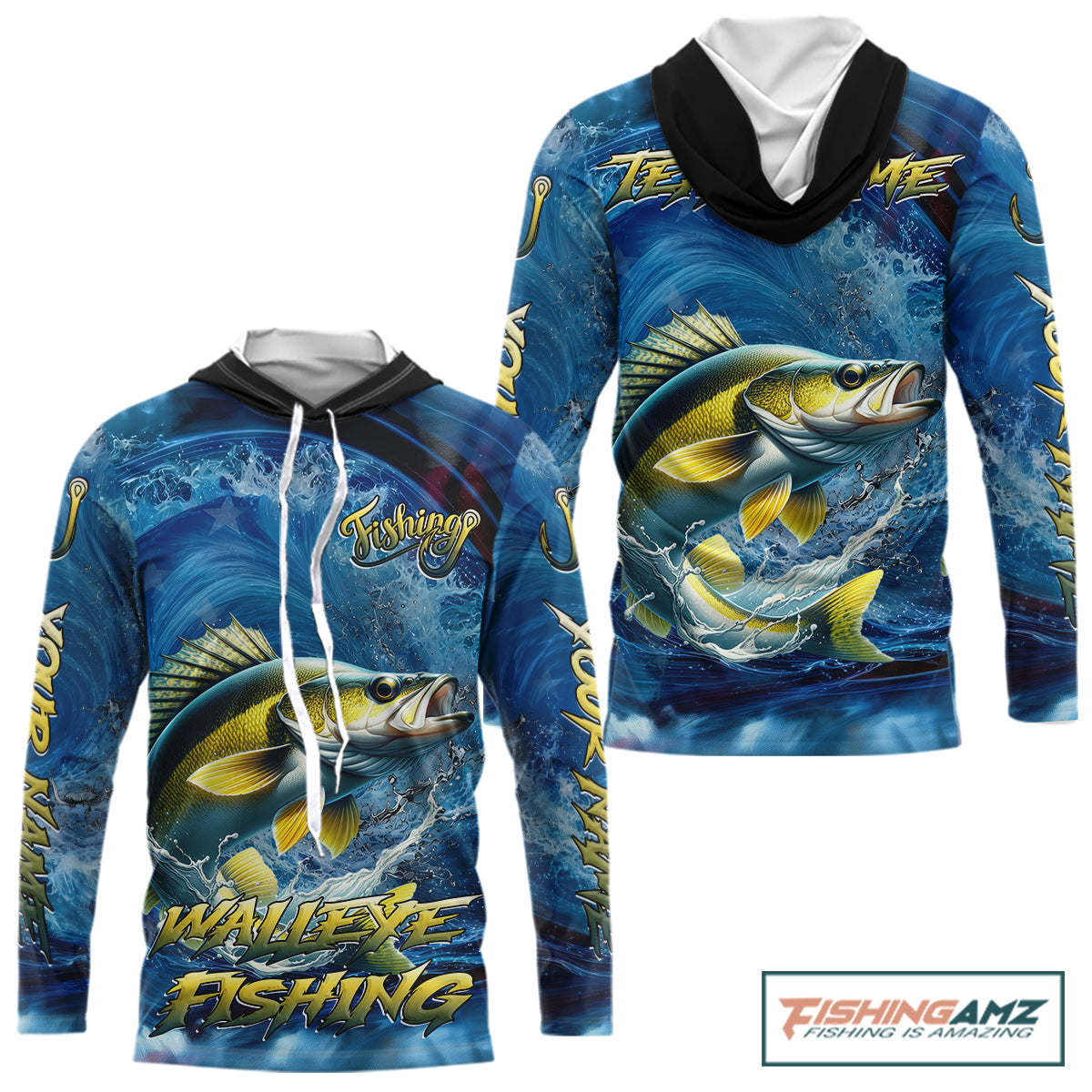 Blue Camo Walleye Fishing Custom Performance Long Sleeve Hooded Fishing Shirts Walleye Fishing Team Shirts NBT1039
