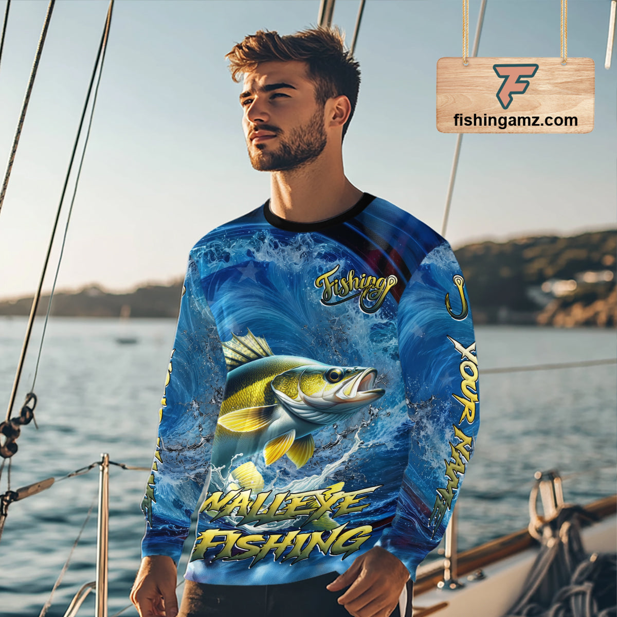 Blue Camo Walleye Fishing Custom Performance Long Sleeve Fishing Shirts Walleye Fishing Team Shirts NBT1039