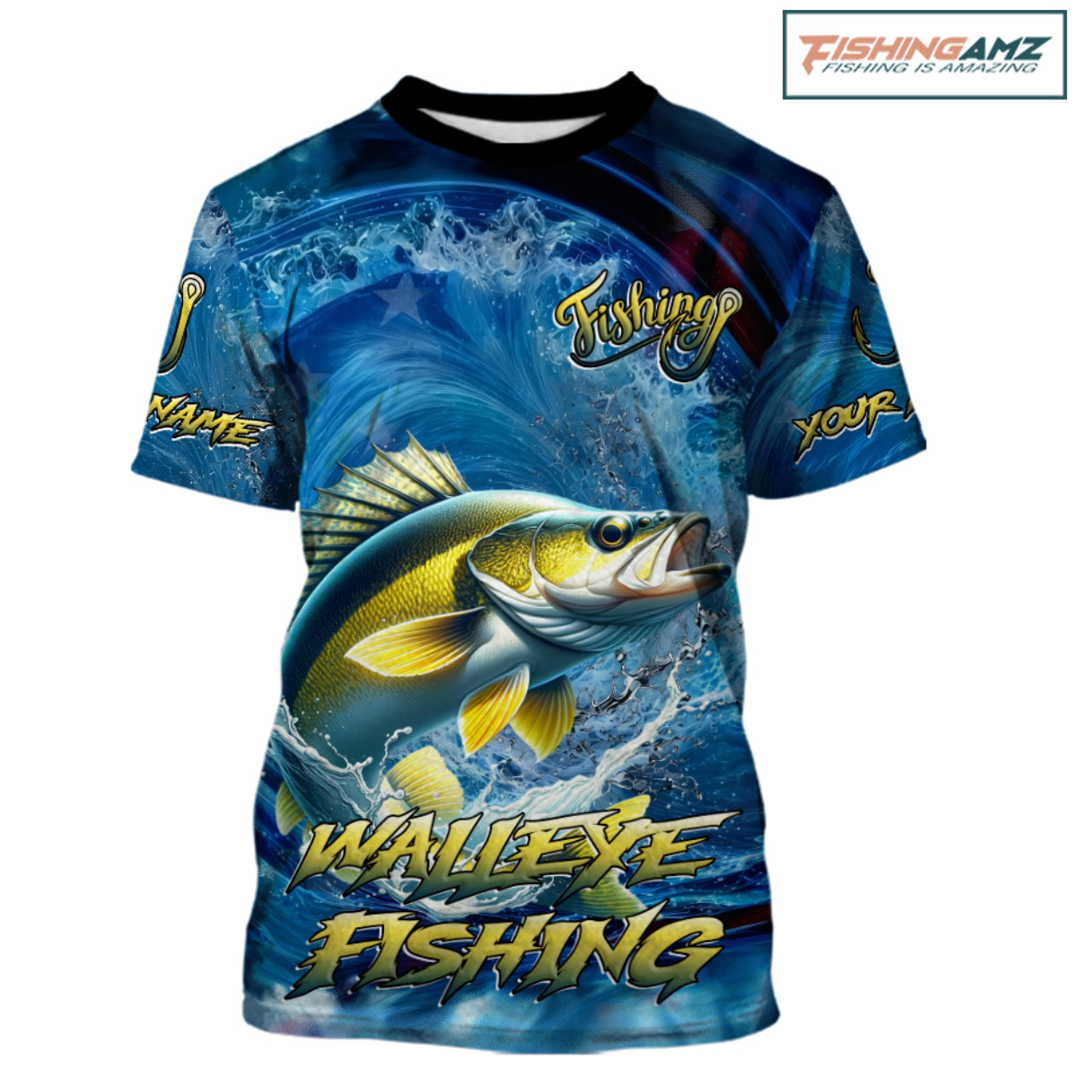 Blue Camo Walleye Fishing Custom Performance Fishing T-Shirts Walleye Fishing Team Shirts NBT1039