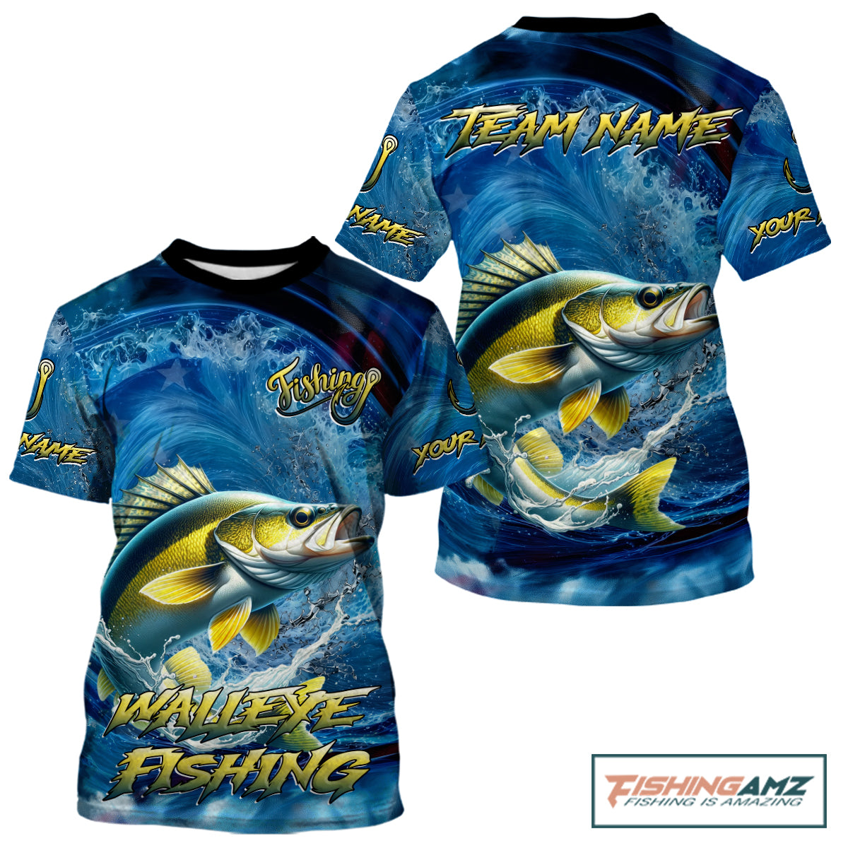 Blue Camo Walleye Fishing Custom Performance Fishing T-Shirts Walleye Fishing Team Shirts NBT1039