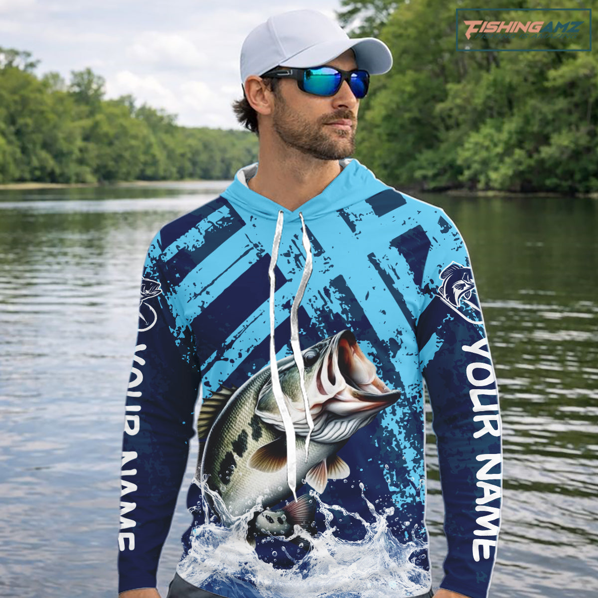 Bass Fishing Blue Camo Long Sleeve Fishing Shirts UV Protection, Bass Fishing Jerseys NBT460