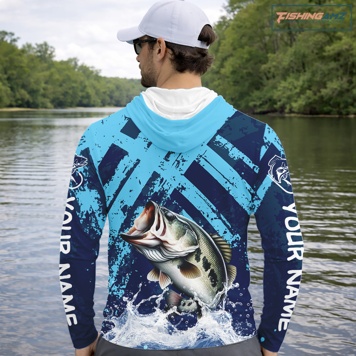 Bass Fishing Blue Camo Long Sleeve Fishing Shirts UV Protection, Bass Fishing Jerseys NBT460