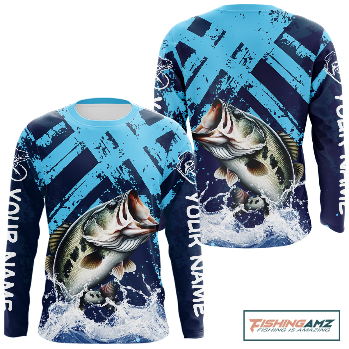 Bass Fishing Blue Camo Long Sleeve Fishing Shirts UV Protection, Bass Fishing Jerseys NBT460