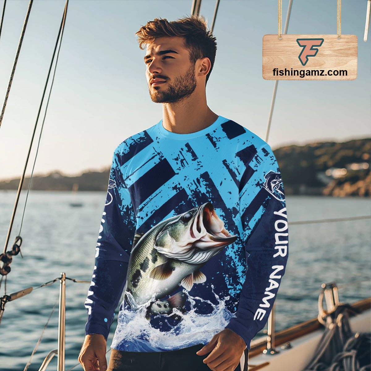 Bass Fishing Blue Camo Long Sleeve Fishing Shirts UV Protection, Bass Fishing Jerseys NBT460