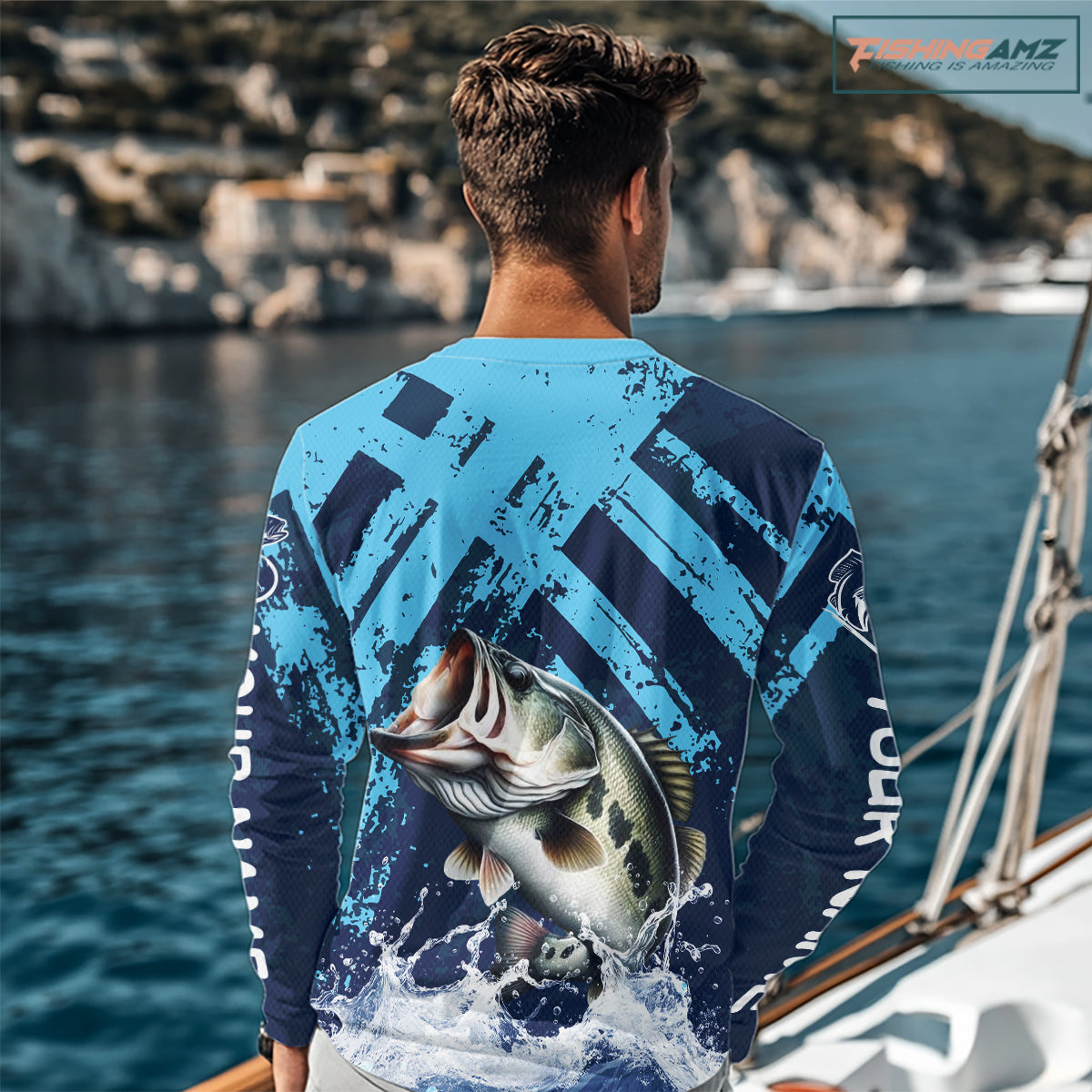 Bass Fishing Blue Camo Long Sleeve Fishing Shirts UV Protection, Bass Fishing Jerseys NBT460