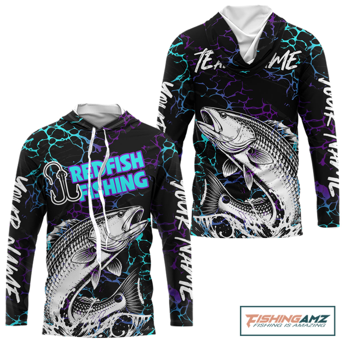 Front view of Redfish Fishing neon blue long sleeve hooded saltwater fishing shirt with custom name