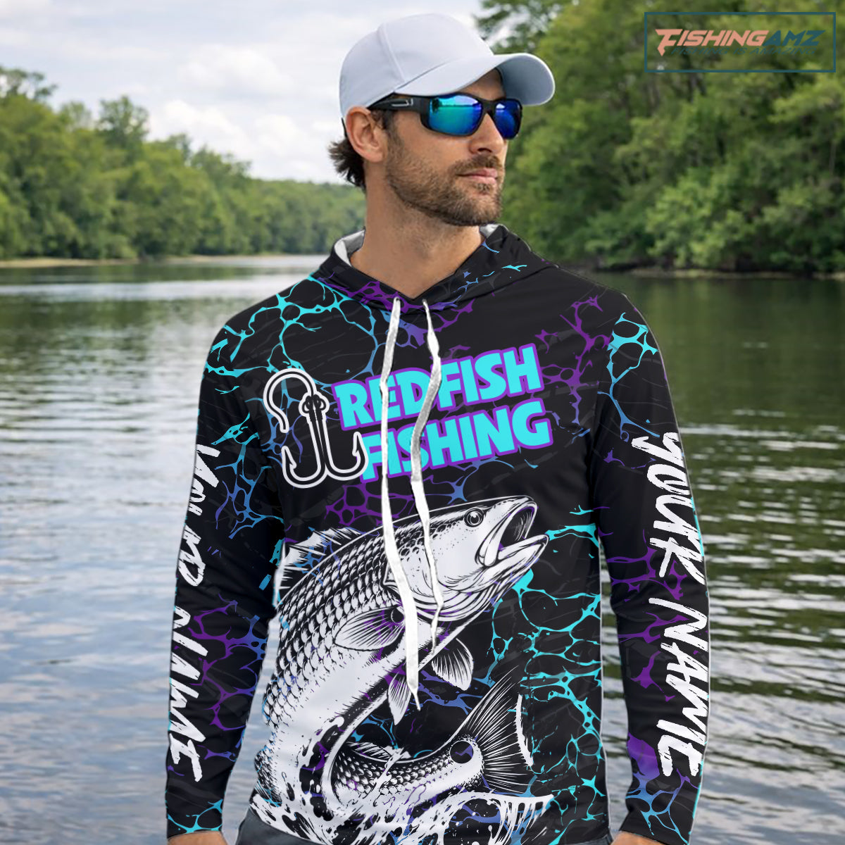 Angler wearing Redfish Fishing neon blue long sleeve hooded saltwater fishing shirt on the boat with personalized name
