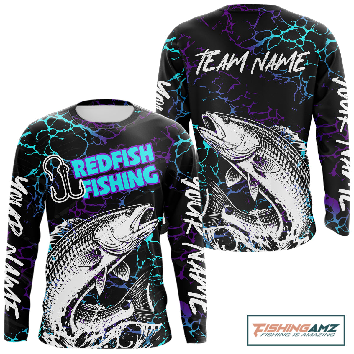 Front and back view of Redfish Fishing neon blue long sleeve saltwater fishing shirt with custom name