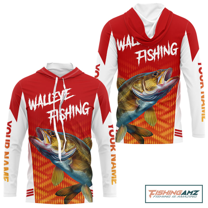 Walleye Hooded Fishing Shirts Red Camo For Men, Walleye Fishing Apparel NBT365