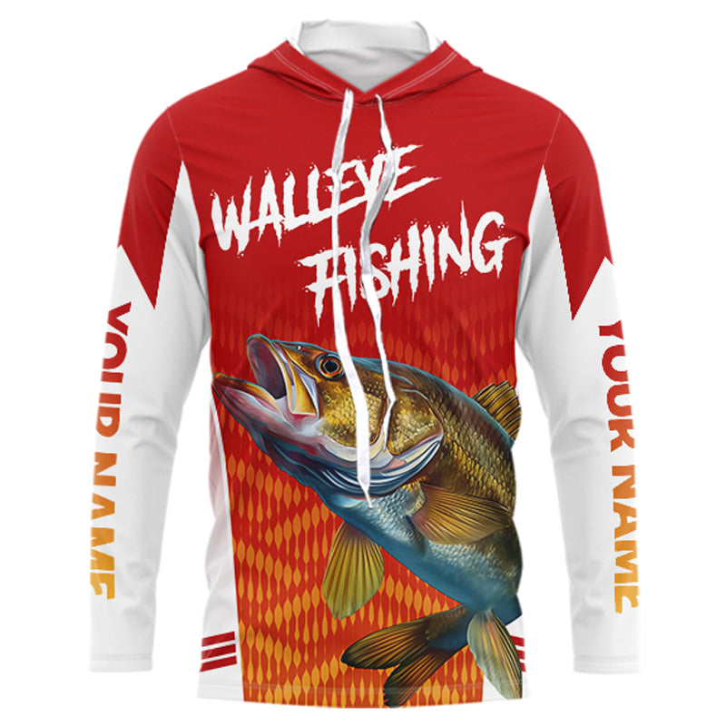 Walleye Hooded Fishing Shirts Red Camo For Men, Walleye Fishing Apparel NBT365