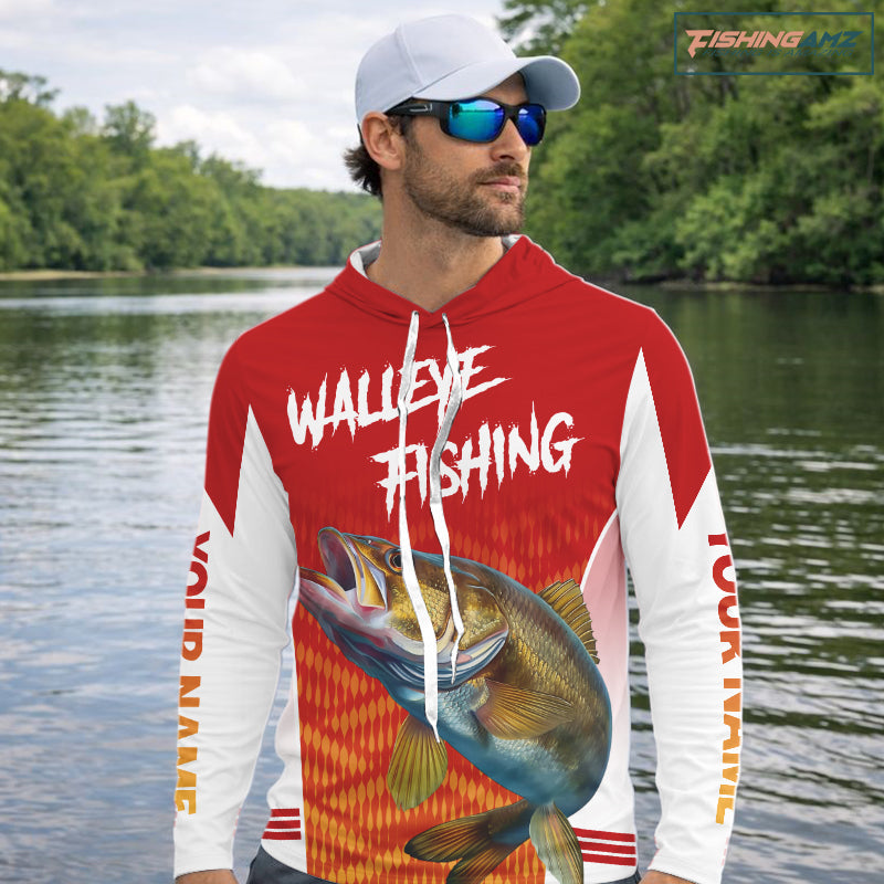 Walleye Hooded Fishing Shirts Red Camo For Men, Walleye Fishing Apparel NBT365
