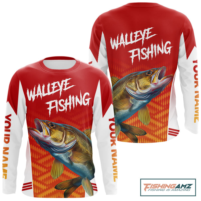 Walleye Fishing Shirts Long Sleeve Red Camo For Men, Walleye Fishing Apparel NBT365