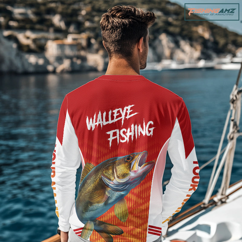 Walleye Fishing Shirts Long Sleeve Red Camo For Men, Walleye Fishing Apparel NBT365