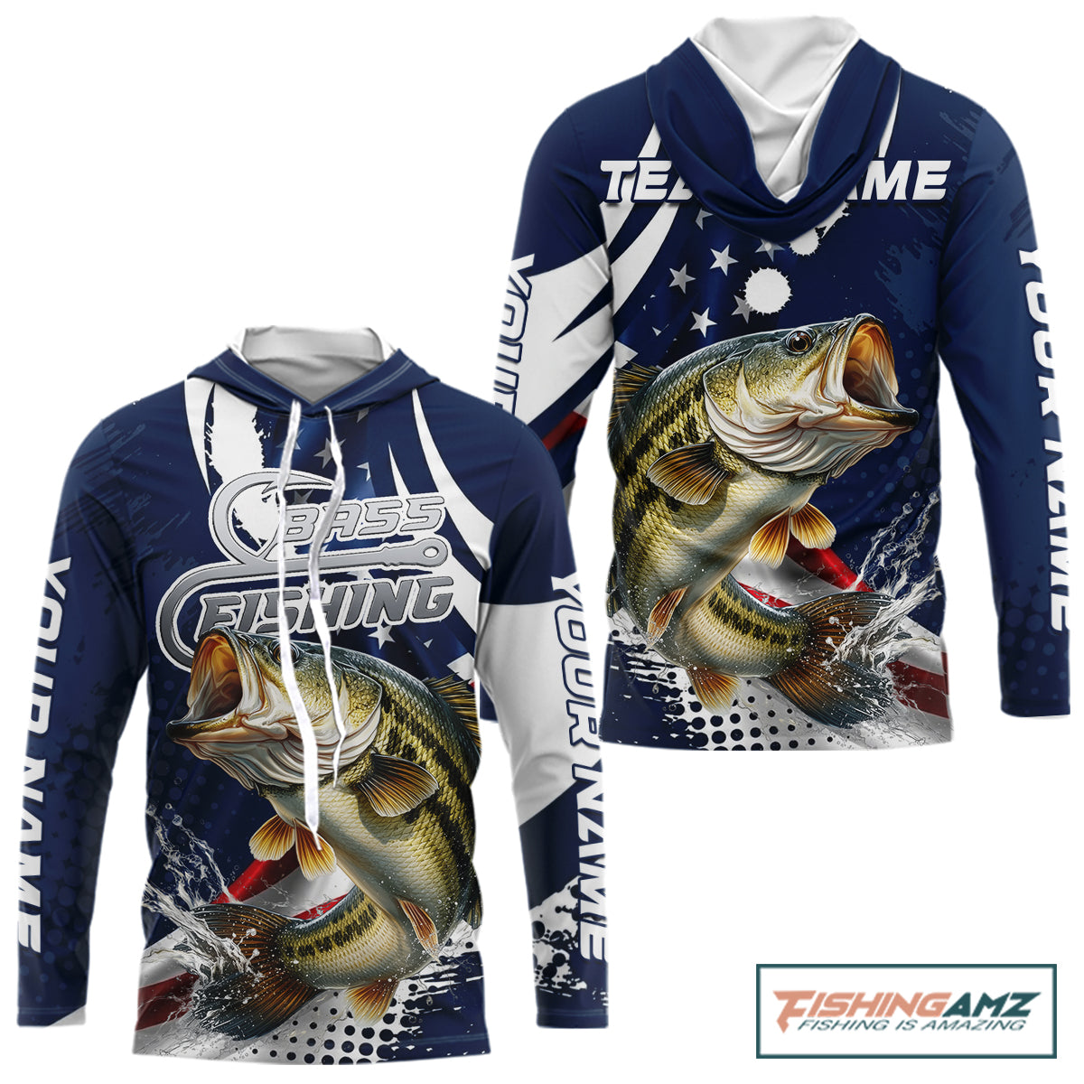 Bass Fishing American Flag Custom Long Sleeve Hooded Tournament Fishing Shirts, Patriotic Bass Fishing Jerseys NBT717
