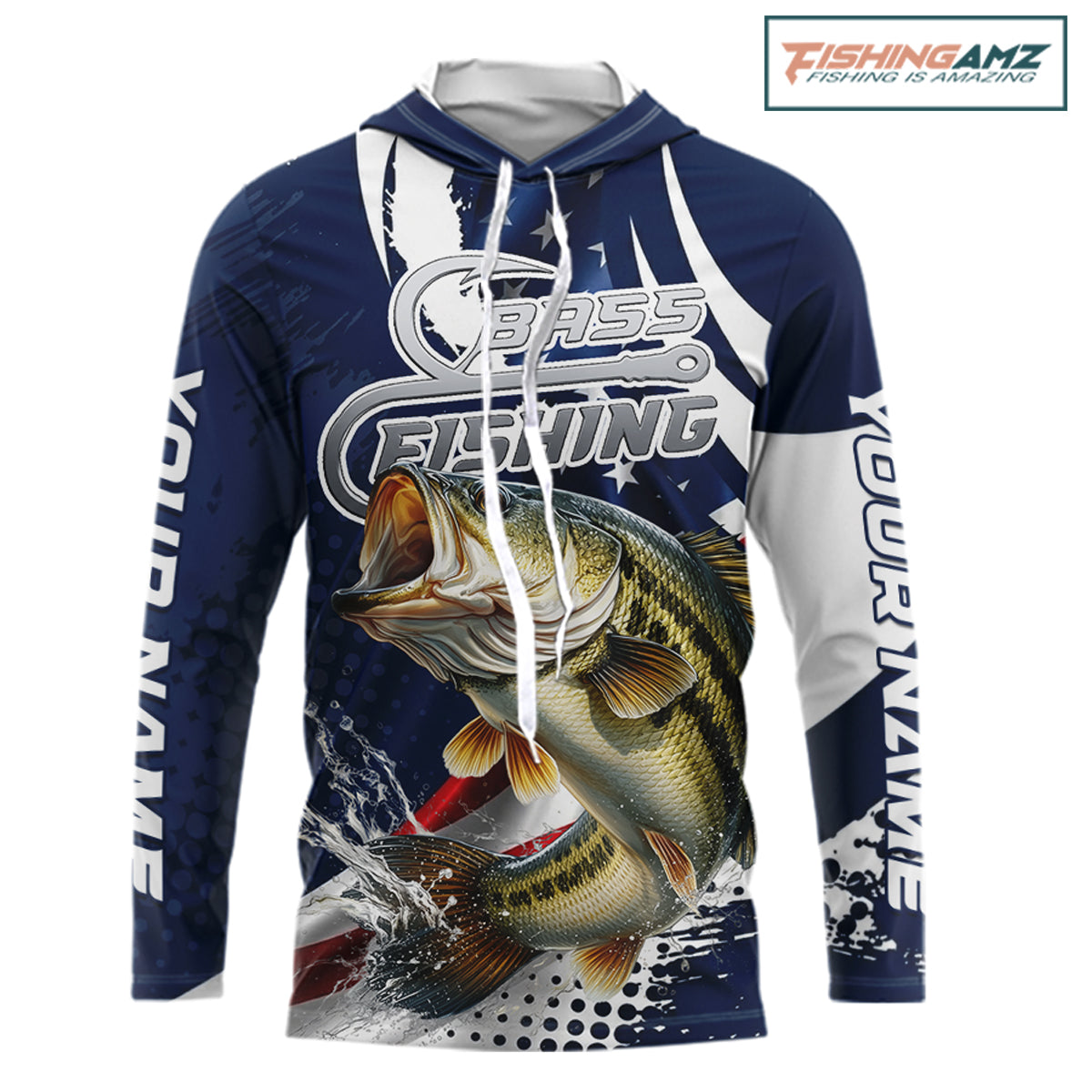 Bass Fishing American Flag Custom Long Sleeve Hooded Tournament Fishing Shirts, Patriotic Bass Fishing Jerseys NBT717